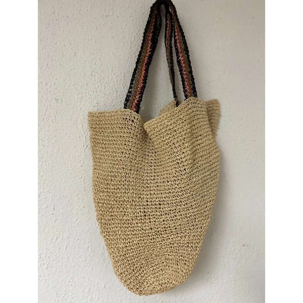 Haute Hippie Slouchy Style Straw Tote Bag Tan Woven Crochet Strap Tassel NWT